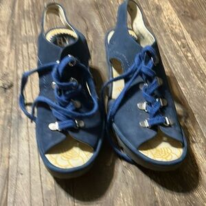 FLY London Ylfa Blue Lace Up Wedge Sandal Shoes 40 US 9